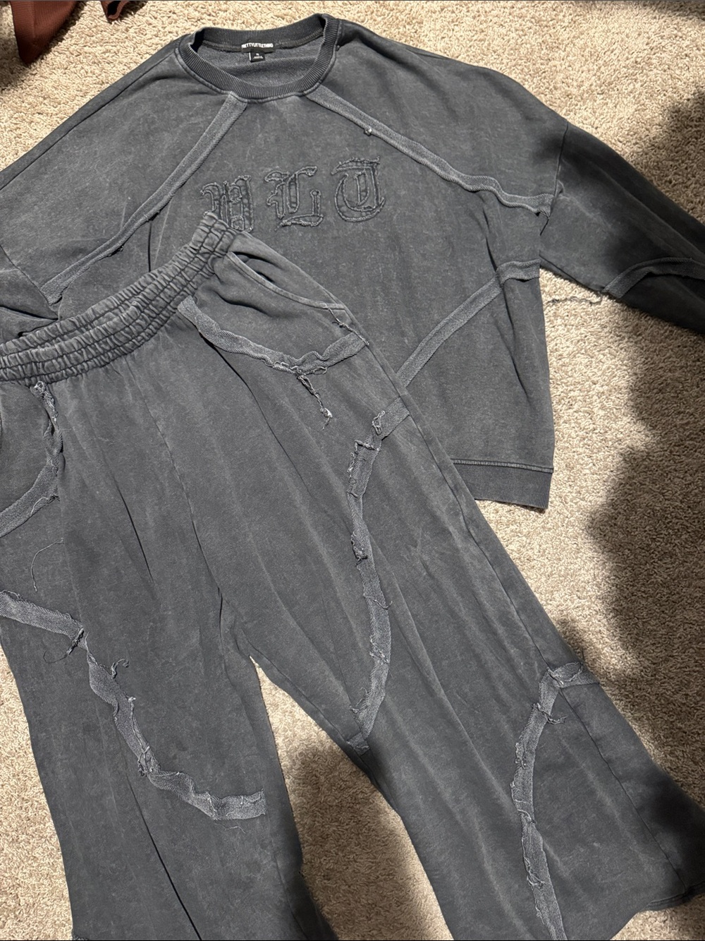 PrettyLittleThing Washed Charcoal Distressed Sweat Set